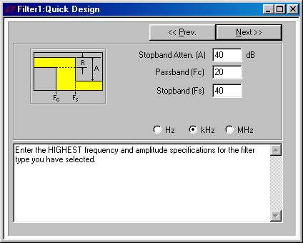 FilterCAD, input parametri del filtro