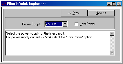 FilterCAD, input alimentazione del filtro
