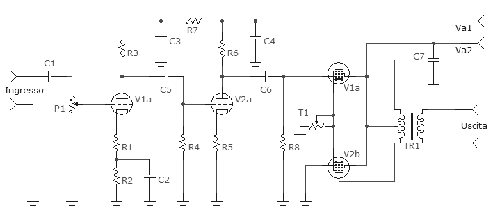 Schema dell'amplificatore con due valvole ECL82